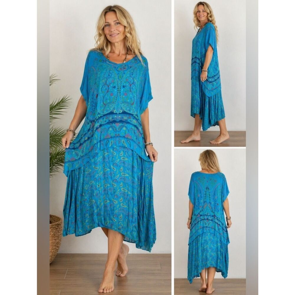 Allison Woods Bohemian Maxi Dress Size B4/ US XL Turquoise Paisley